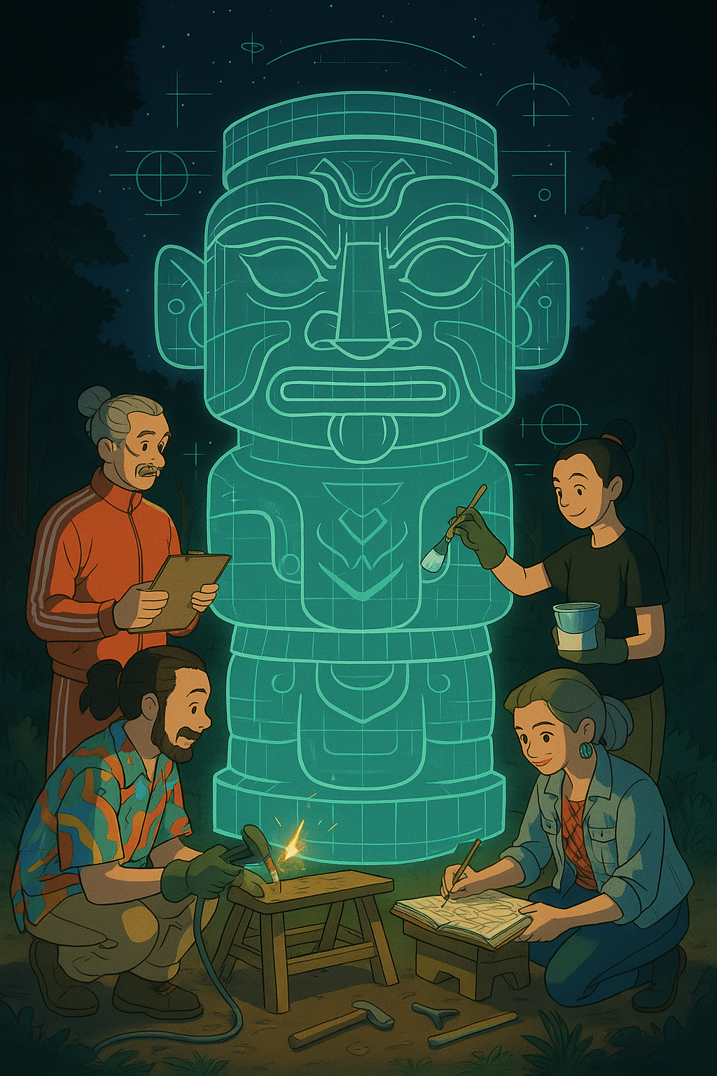 People building the totem